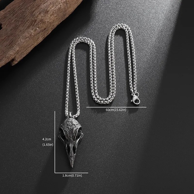 Nordic Crow Skull Pendant Necklace, Bird Amulet Jewelry Gift for Men Perso