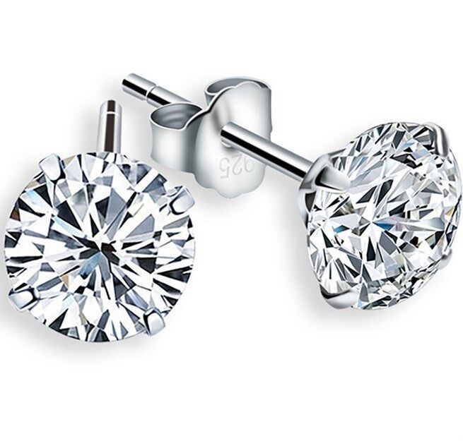 Solid 925 Sterling Silver Round Cubic Zirconia Clear CZ Stud Earrings 2-8mm