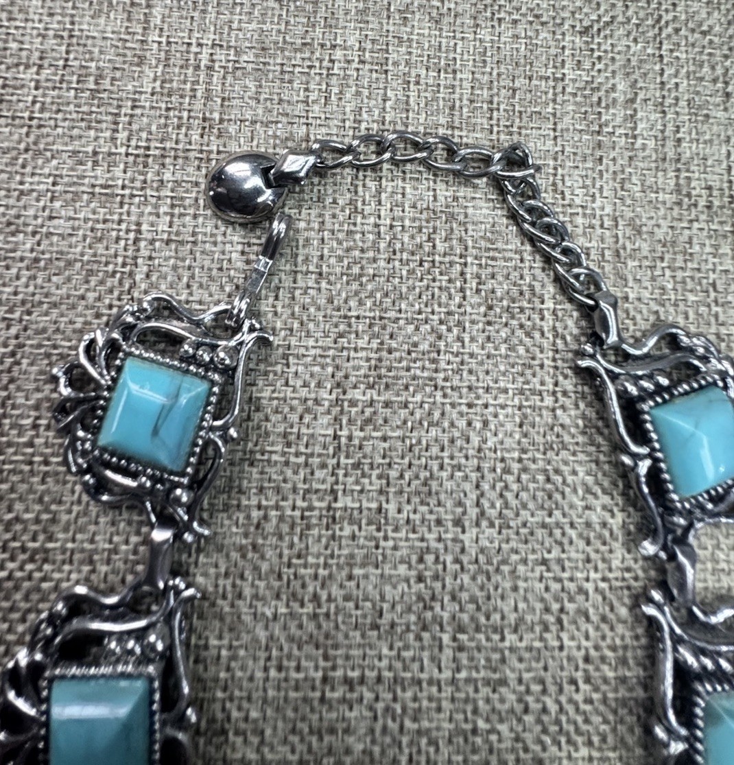 Vtg Silver Tone Statement Link Necklace faux Square turquoise Bezel Set