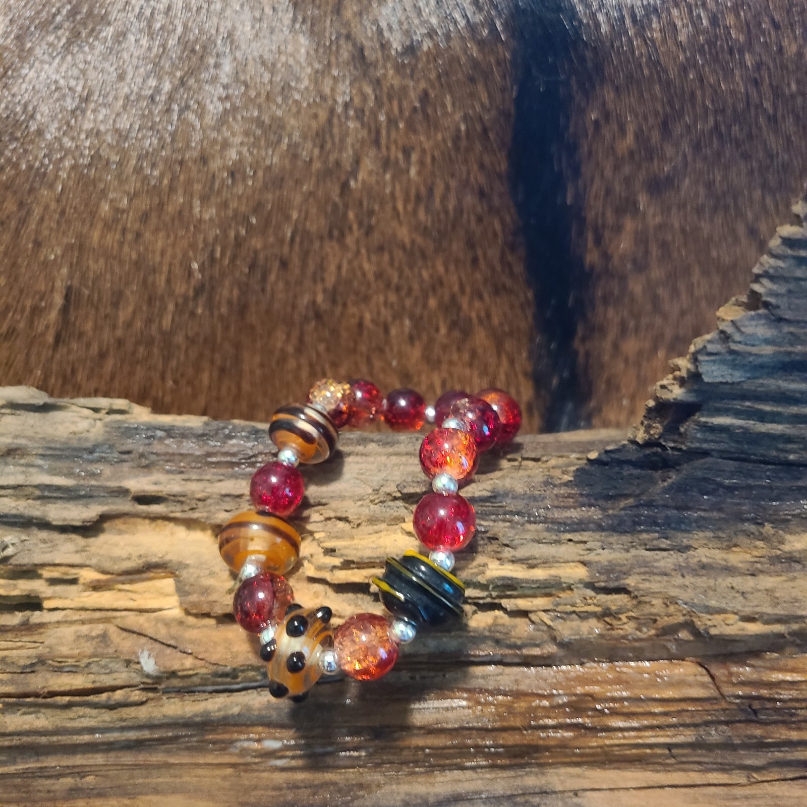 Red Glass Beaded Stretch Bracelet Round Beads Orange Black Silver No Clasp
