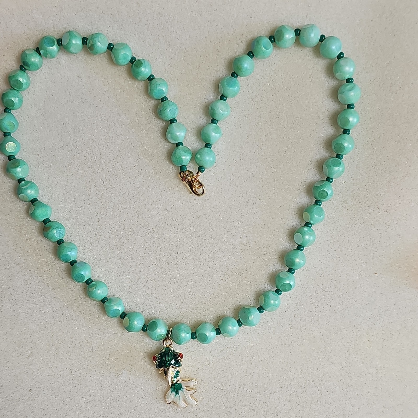 Handcrafted Green Glass Necklace W Enamel Koi Goldfish Charm Lobster Clasp