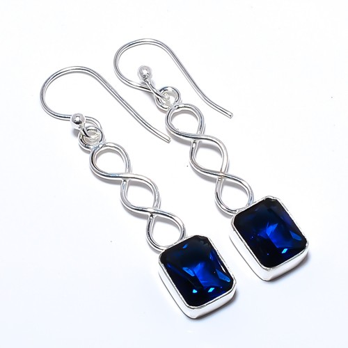 Blue Sapphire (Lab-Created) Gemstone 925 Silver Plated Spiral Earring 1.79″ A1