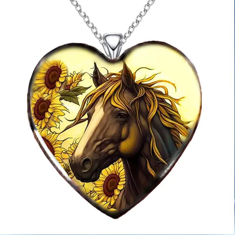 Exquisite Heart-shaped Sunflower And Horse Patterns Heart Pendant Necklace