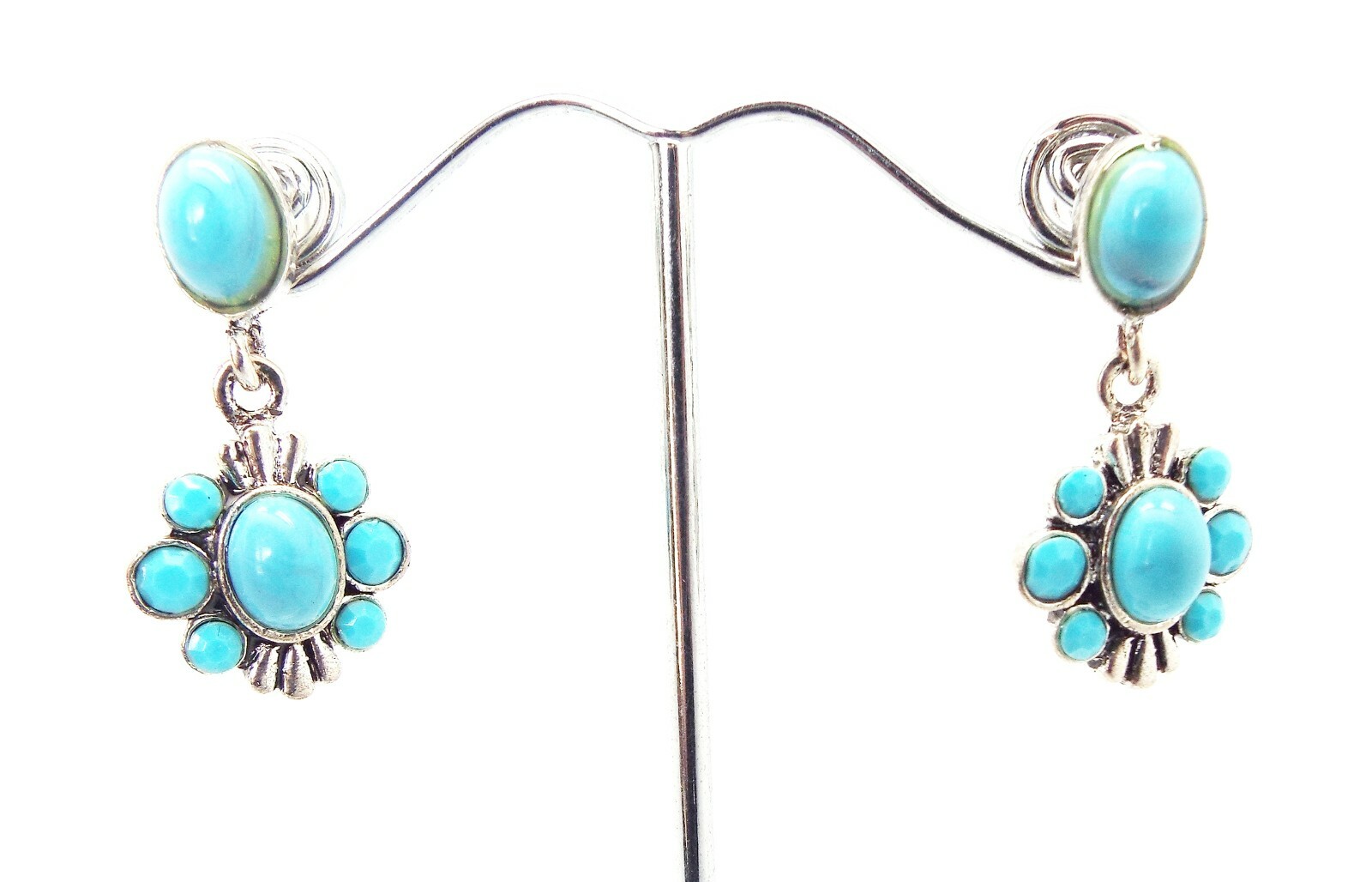 CC 1.25 in BLUE FAUX TURQUOISE FLORAL MULTI BEAD SILVER DROP DANGLE EARRINGS NEW