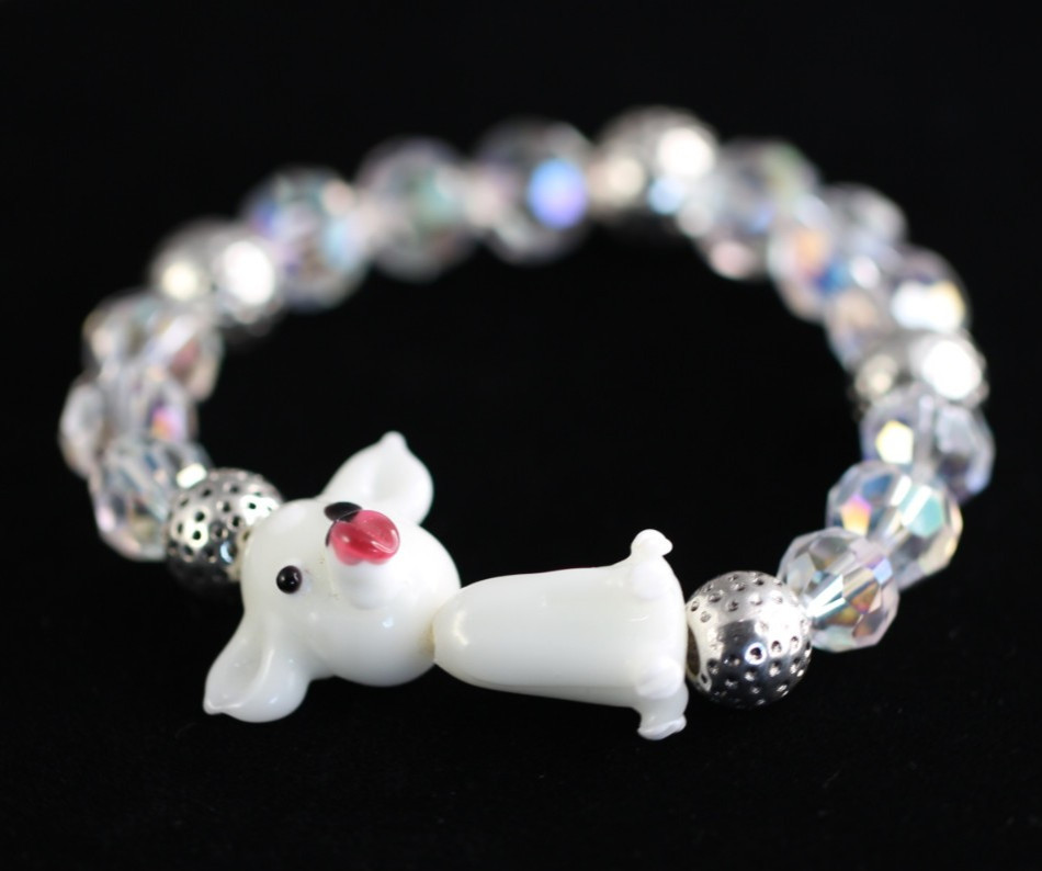 Dog Bracelet White Lampwork 6.5″ inch Elastic Glass Beads 10mm Faceted Crystal
