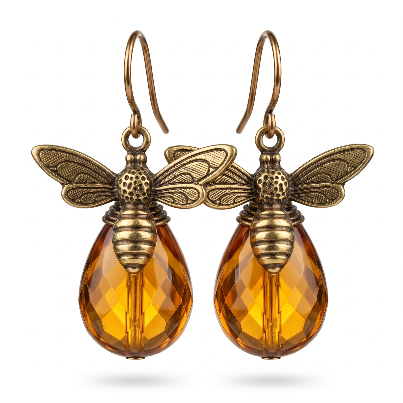 Amber Honey Bee Earrings Gold Drop Dangle Vintage Boho Gift for Women