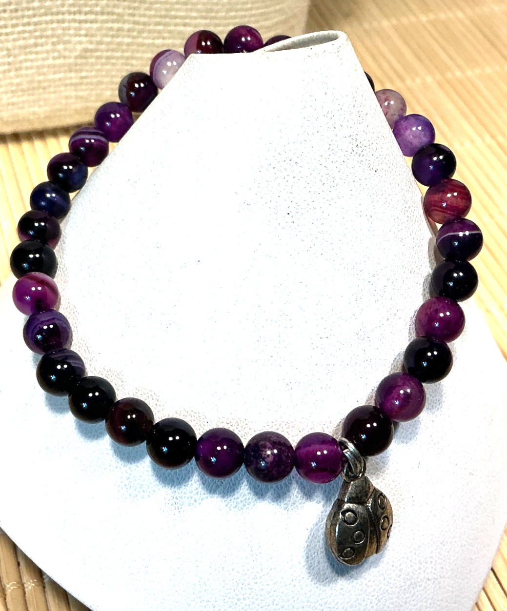 Fashion Bracelet Silver Tone Purple Beaded Lady Bug Charm Stretch Lot 105B