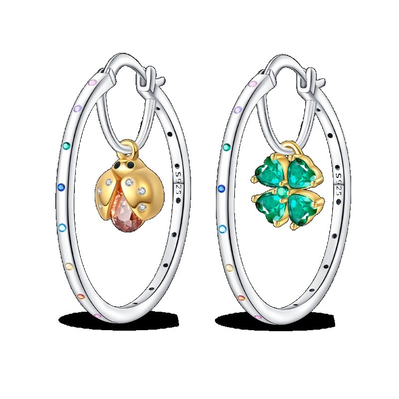 KUNSIR 925 Sterling Silver Four-Leaf & Enamel Ladybug Shiny Large Hoop Earrings