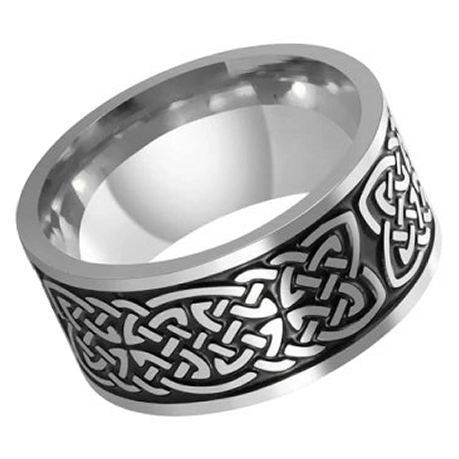 Norse Knotwork Ring Black Silver Stainless Steel Celtic Viking Weave Band
