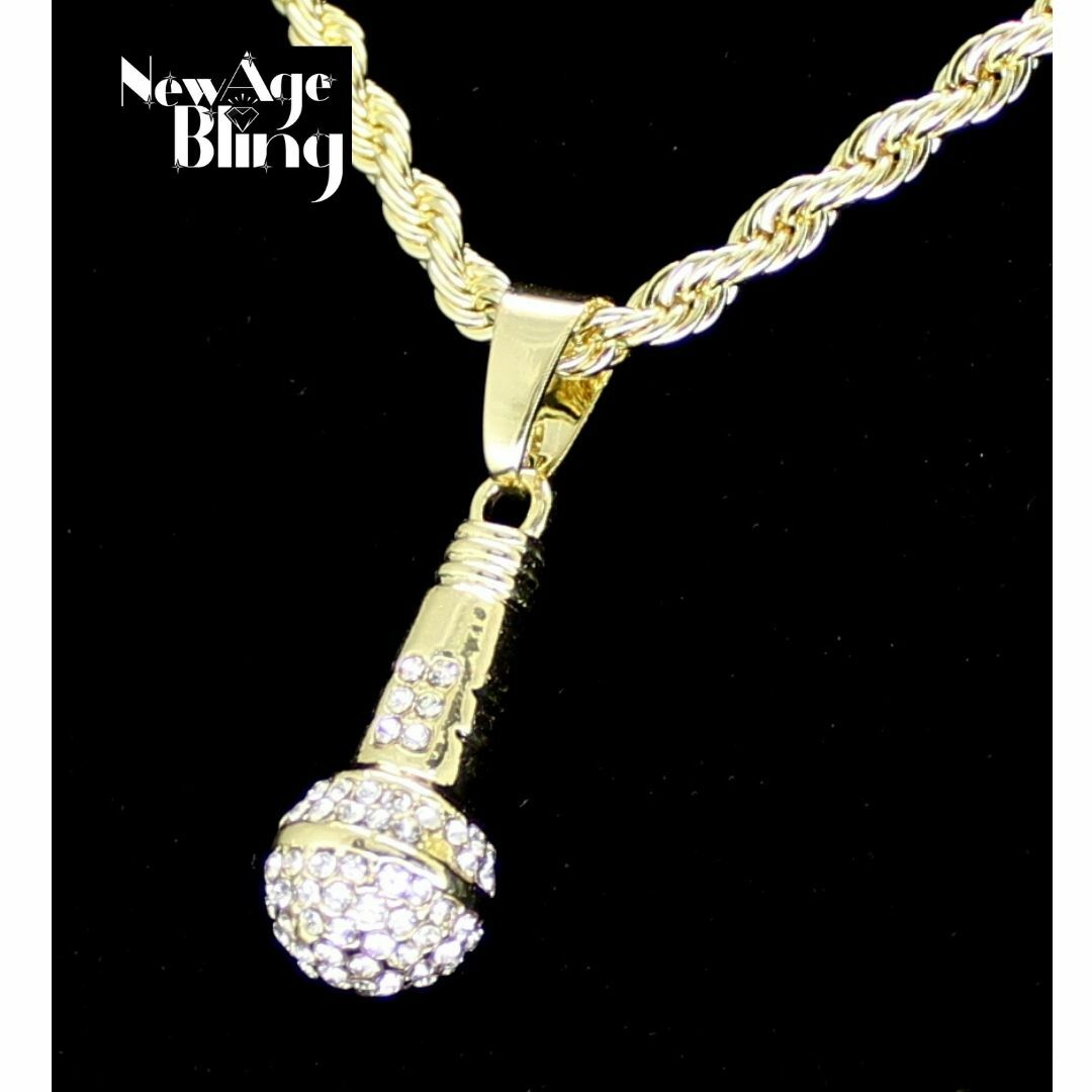 Iced Microphone Rhinestone Pendant 14k Gold Plated 24″ Rope Necklace Hip Hop