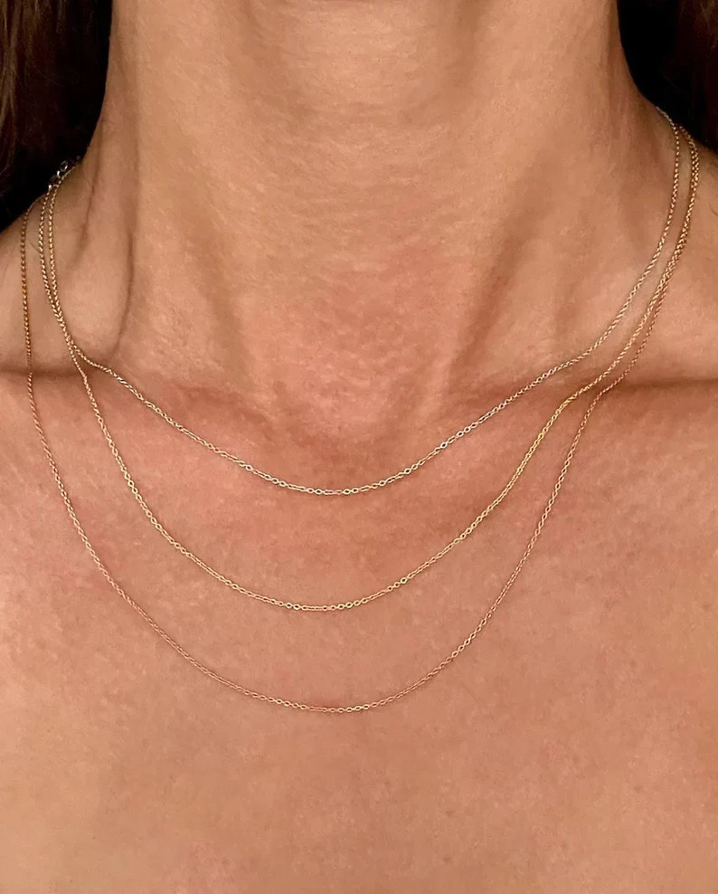 14k Solid Yellow, White or Rose Gold Diamond Cut Cable Chain Necklace, 0.5mm Wid