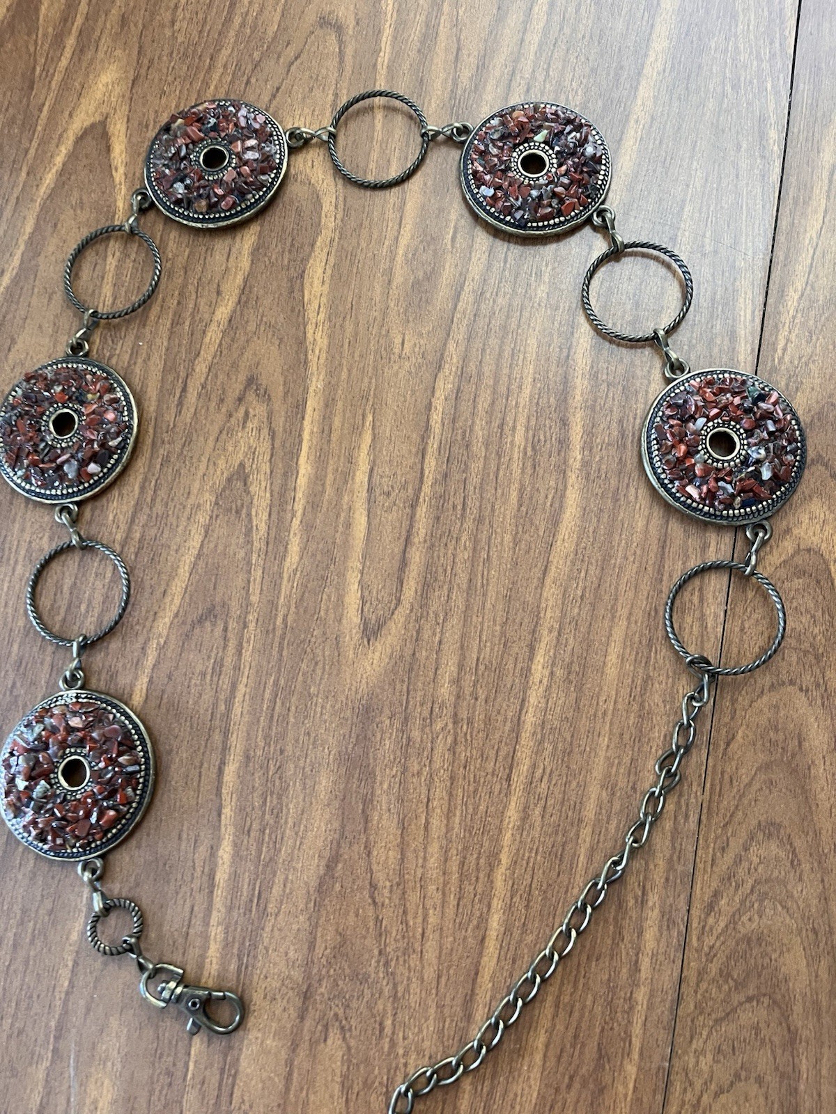 Boho brass crushed stone medallion hip belt one size