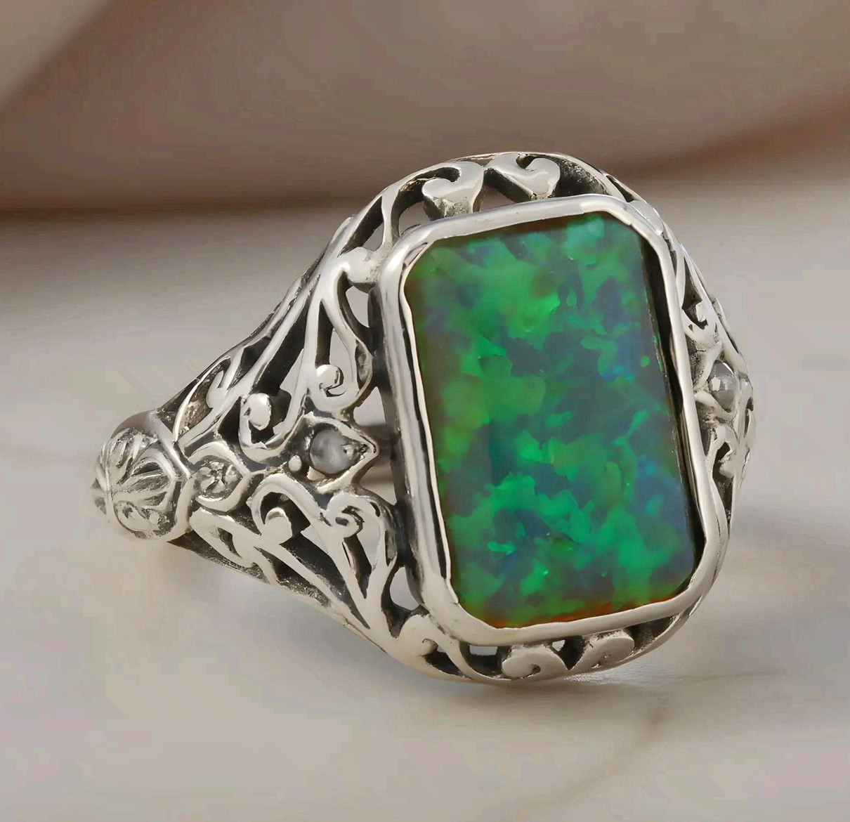Stainless Steel Green Opal Statement Ring Filigree Band Handmad