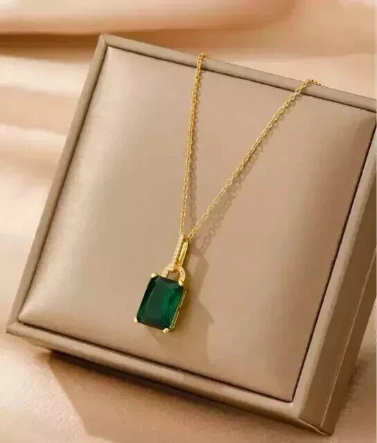 3.00Ct Emerald Cut Lab Created Emerald Solitaire Pendant 14K Solid Yellow Gold