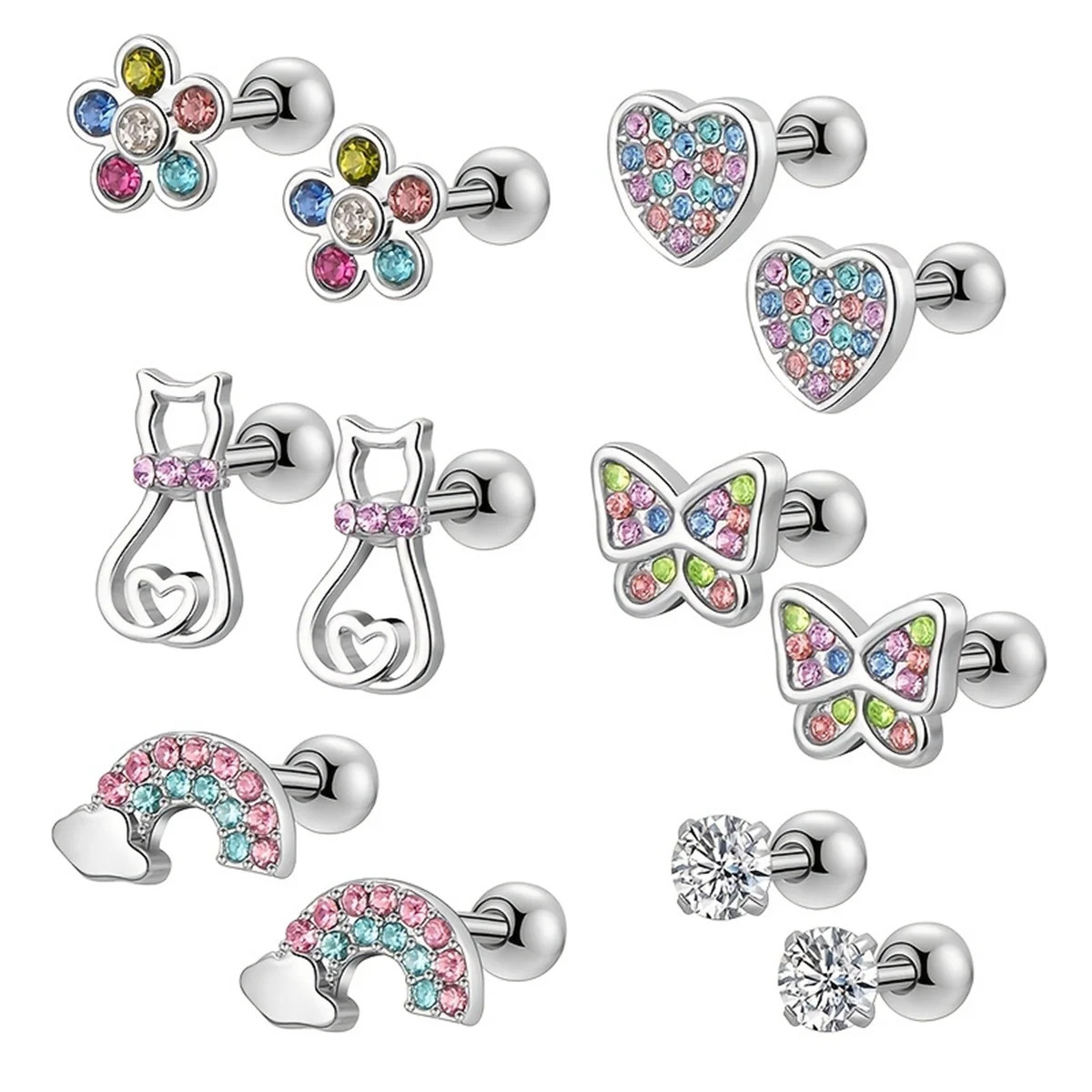 12 Pc Stainless Steel Cubic Zirconia Stud Earrings Butterfly Flower Jewelry