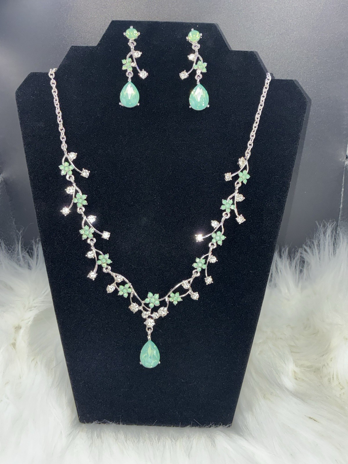 Silver-Plated Zinc Earrings & Necklace With Green & White/Colorless Rhinestones