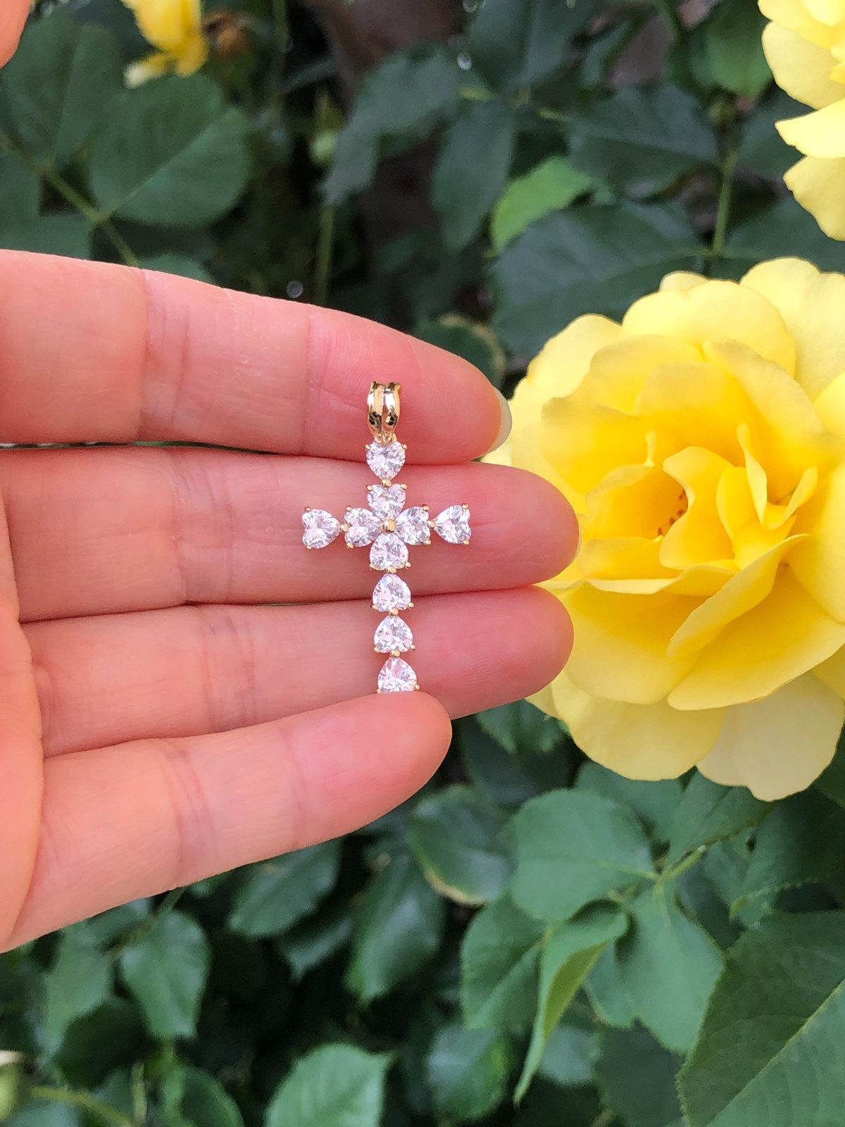 925 Sterling Silver CZ Gold Heart Cross Pendant Women 26mm(1.02″)/33mm(1.3″)