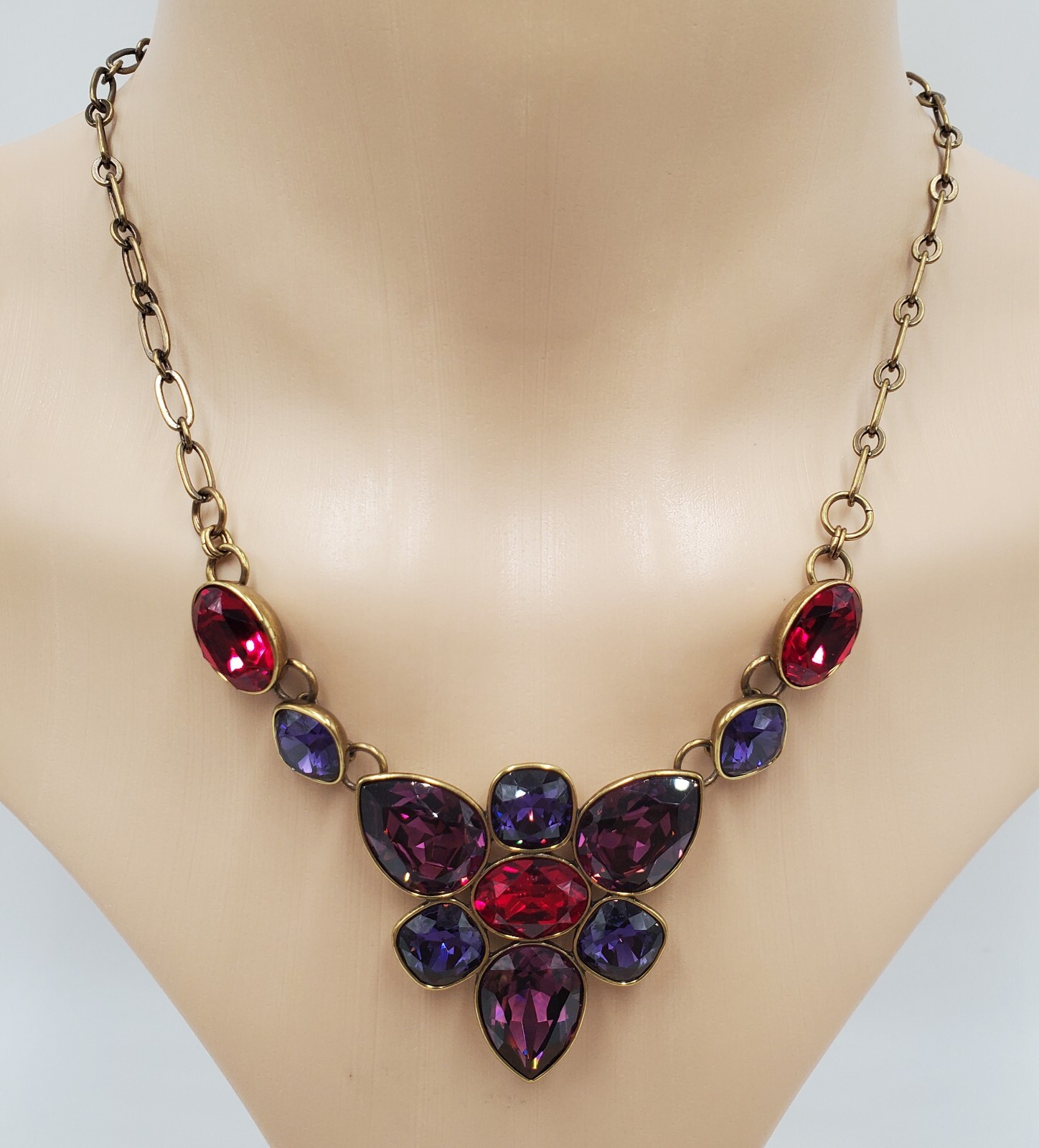 Swarovski Crystal Necklace 18in Brass Tone Red Blue Purple Crystallized TC NEW