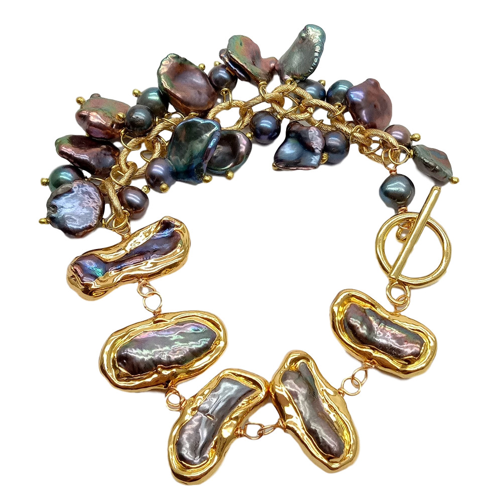 8″ Cultured Black Biwa Pearl Keshi Pearl Chain Bracelet