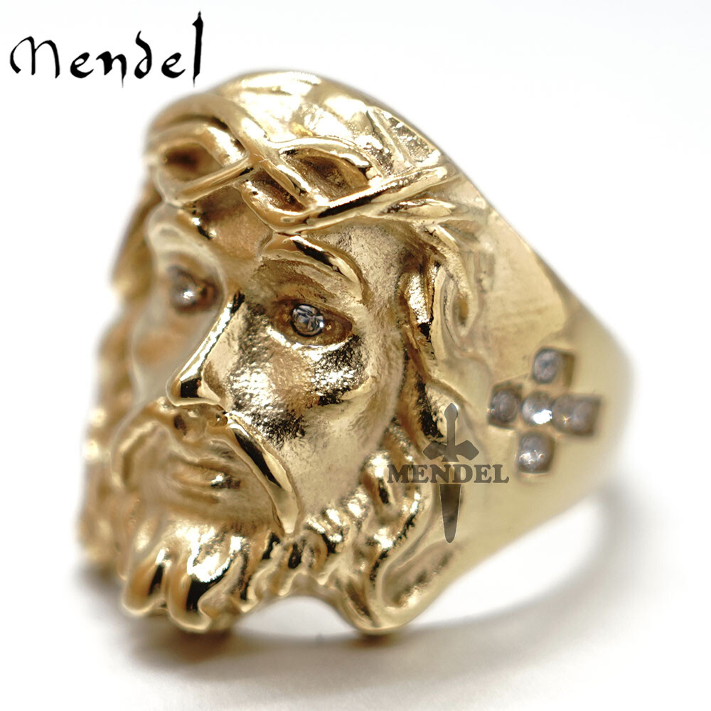MENDEL Mens Gold Plated Cross Jesus Christ Face Ring Stainless Steel Size 7-15