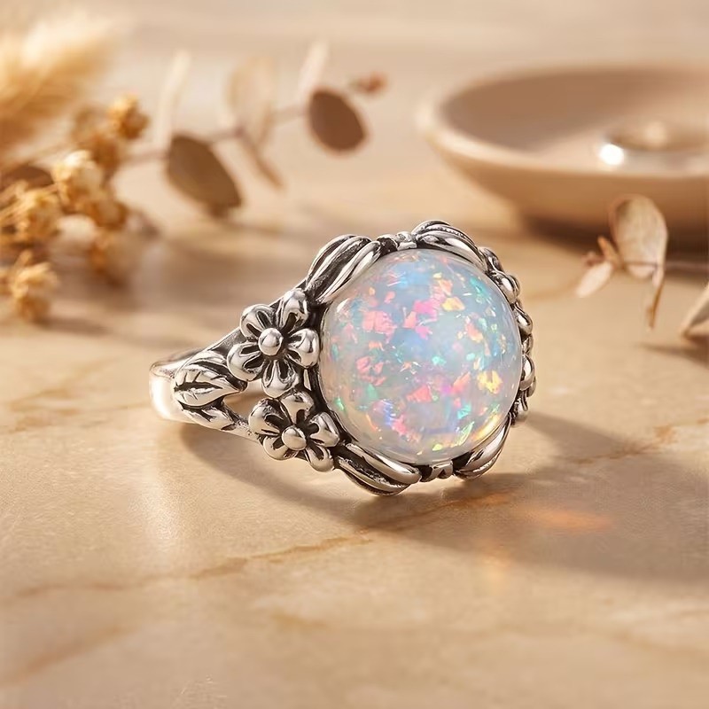 Elegant 925 Sterling Silver Fire Rainbow Opal Engagement Wedding Ring Size 10.5