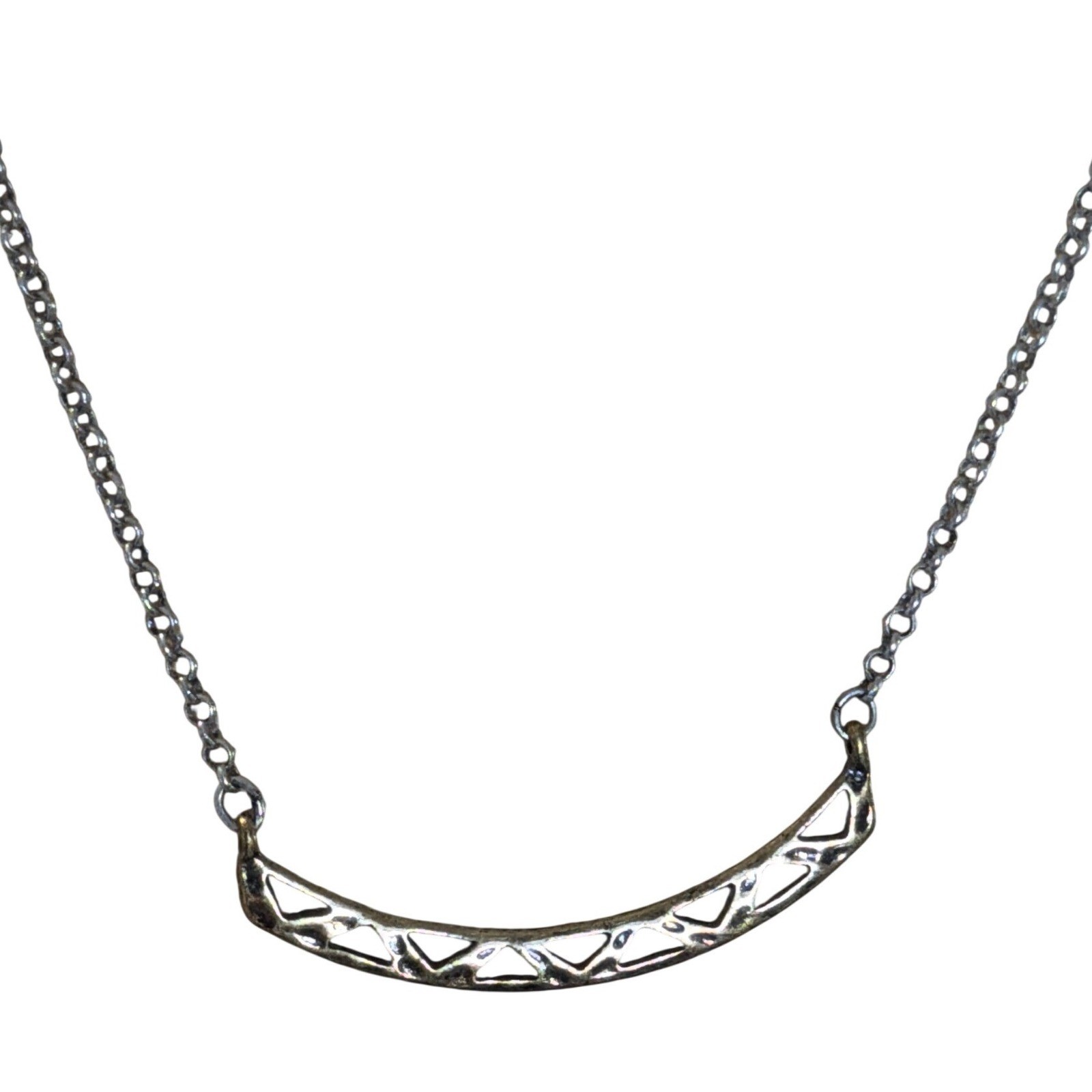 Silver Tone Geometric Cutout Curved Bar Pendant Necklace Statement Layering
