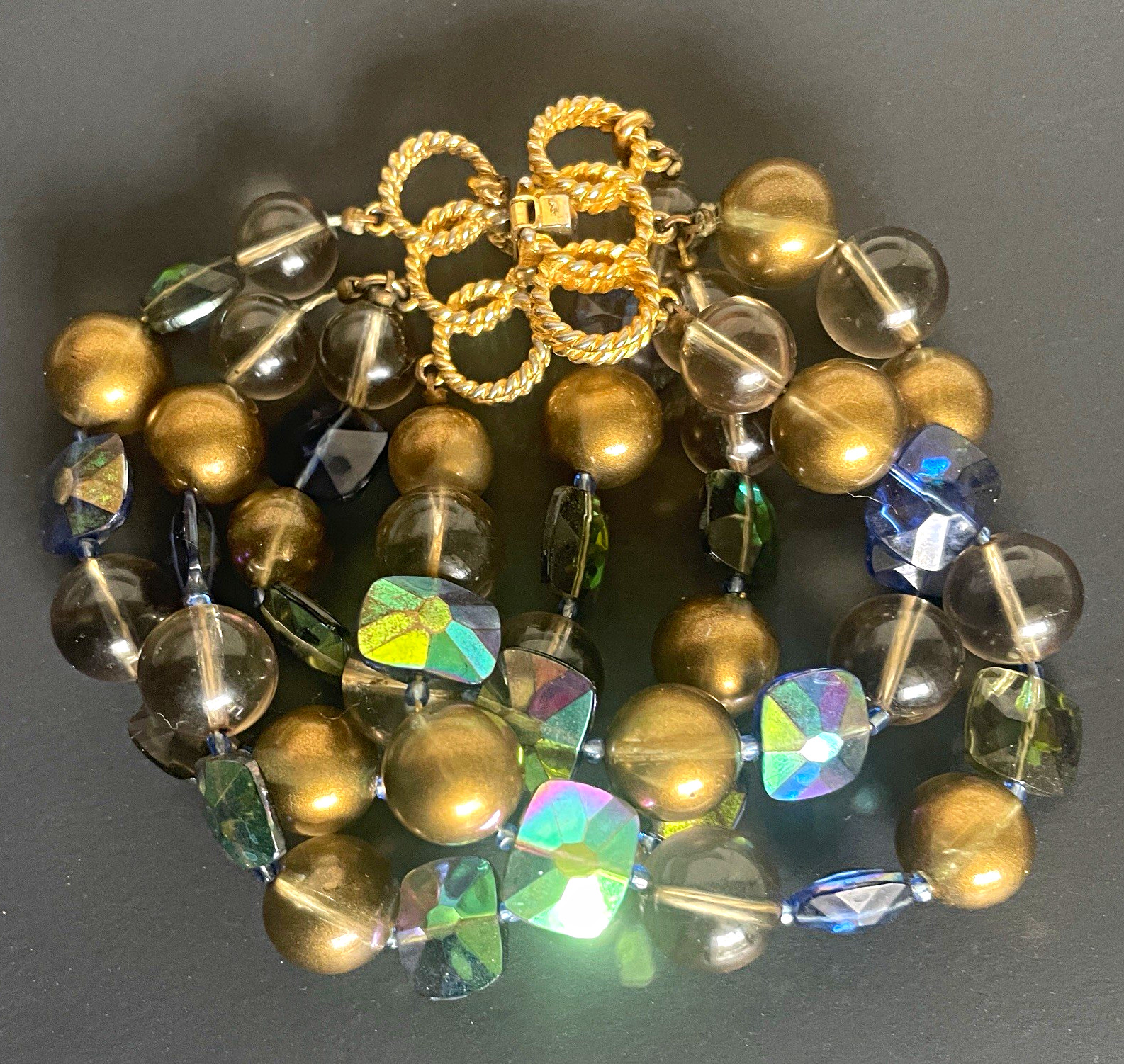 Marcella Multi-Strand Beaded Bracelet Gold Tone Clasp Round Glass AB Blue Green