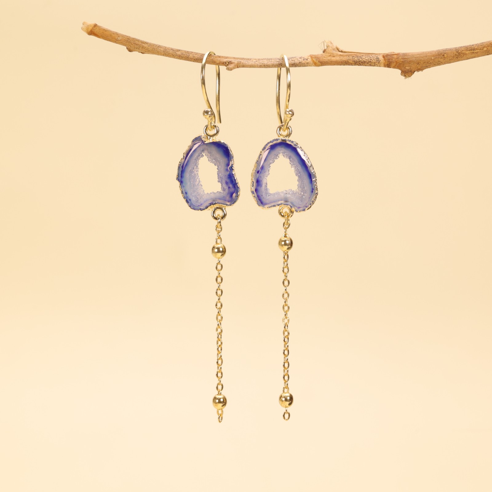 Aqua Geode Druzy Earrings, Gold Plated Agate Slice Dangle, Boho Gemstone Jewelry