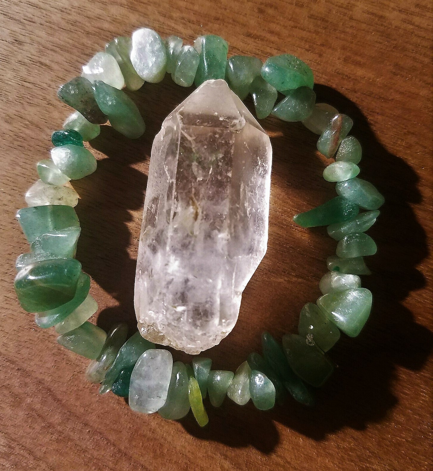 REIKI Charged Green Aventurine Crystal Chip Stretchy Bracelet with Quartz Point!