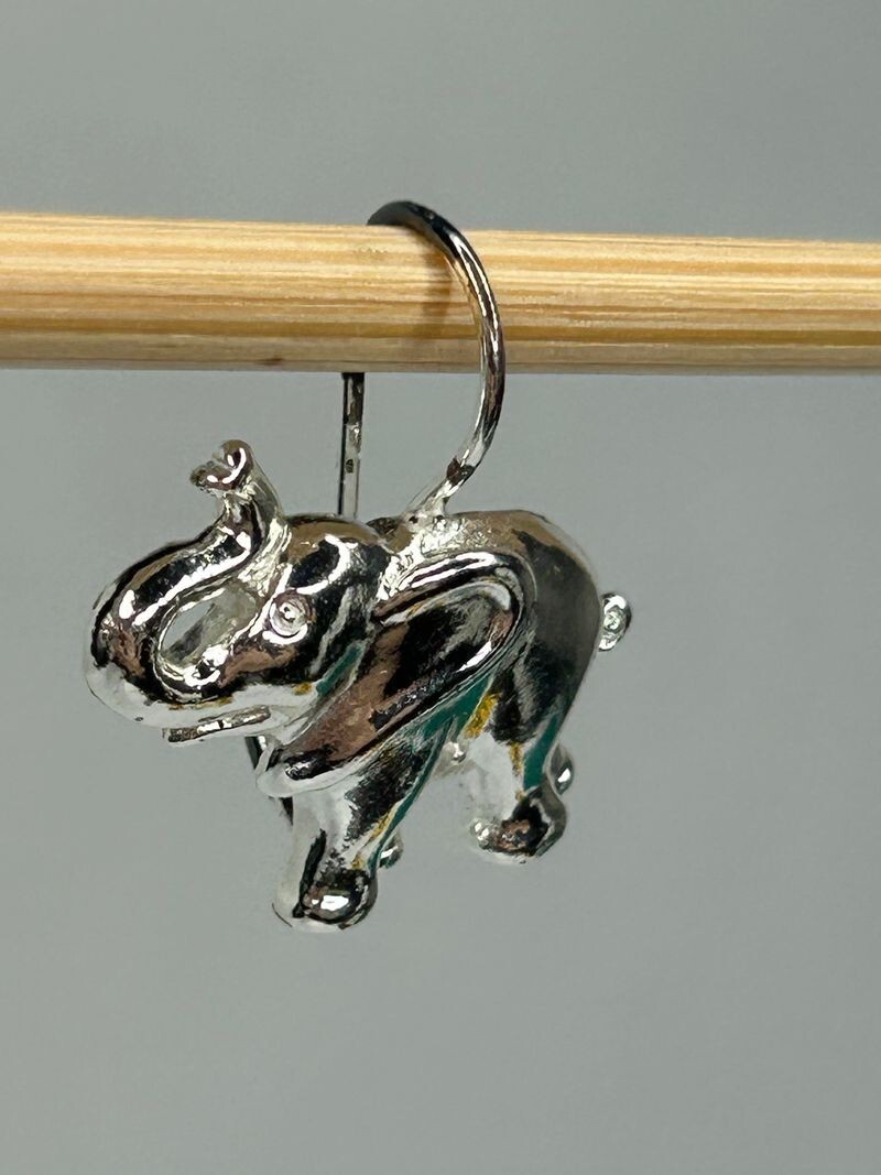 925 Elephant Earrings 0.75in Drop Silver Tone French Wire Detailed Trunk Up