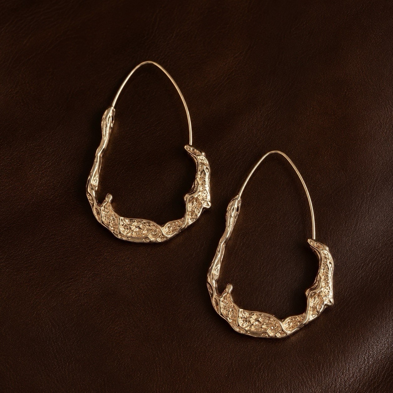 Free People Molten Gold Hammered Hoop Earrings Sculptural Artisan Boho Statement