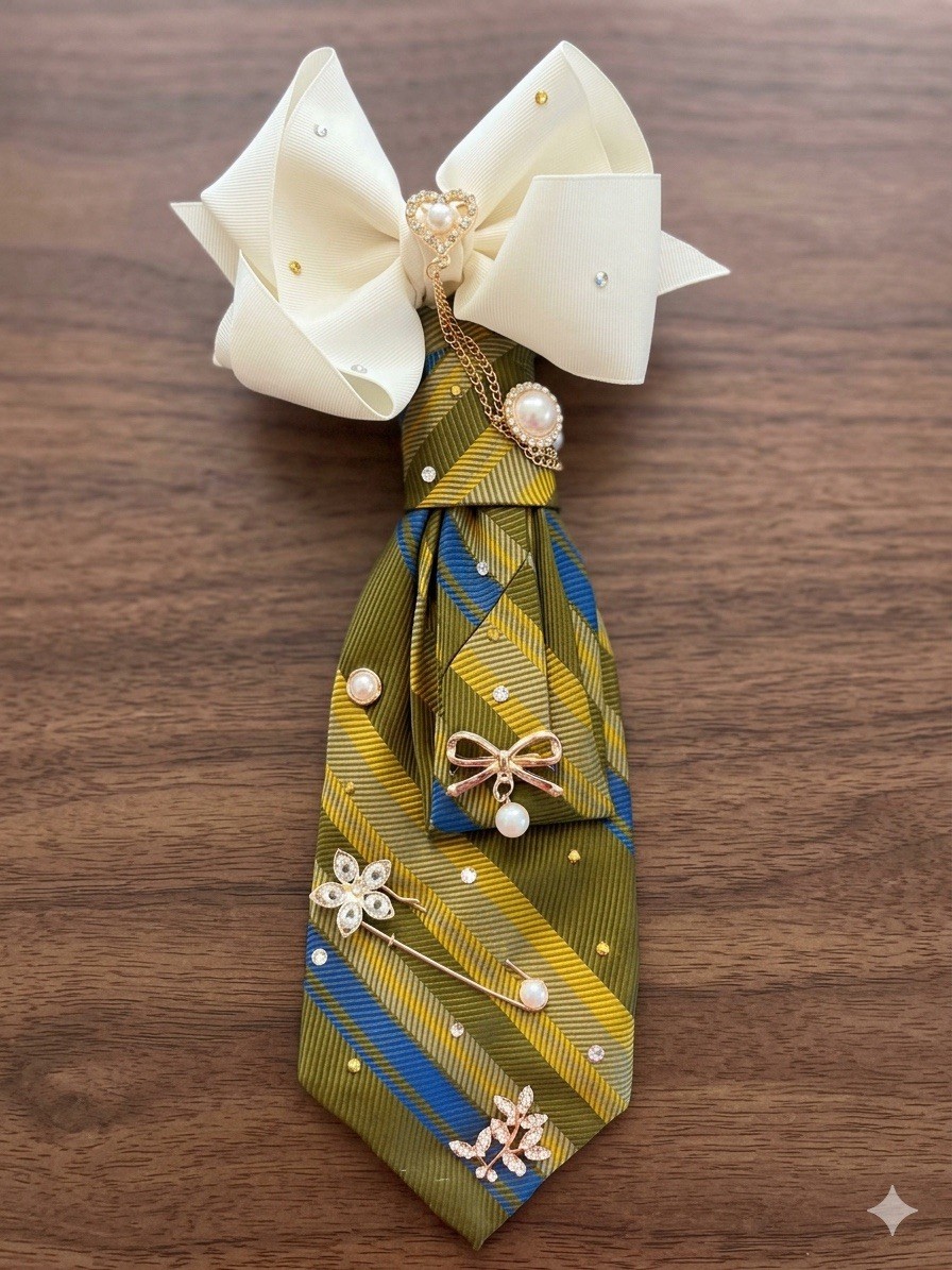 Handcrafted Custom Embellished Plaid Necktie Necklace Statement Bow Accessory