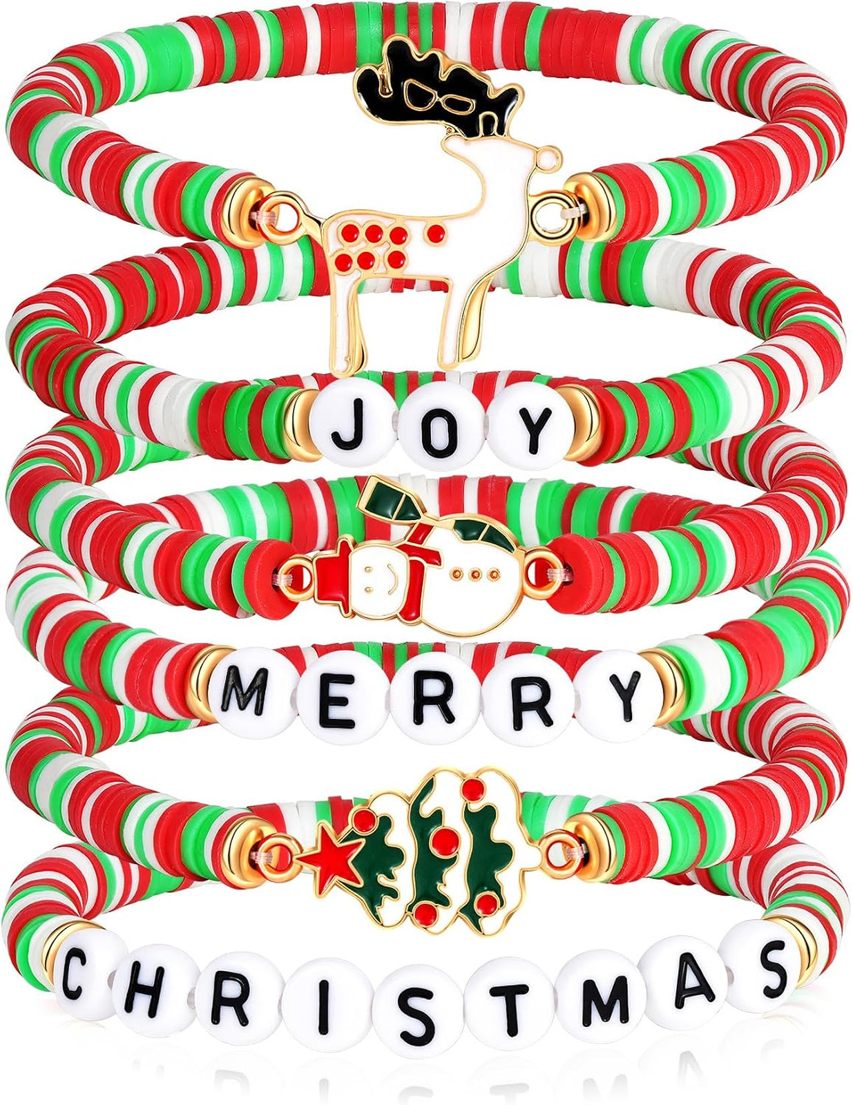 Christmas Bracelets Set, Beaded Holiday Jewelry, Joy Merry Christmas Charms