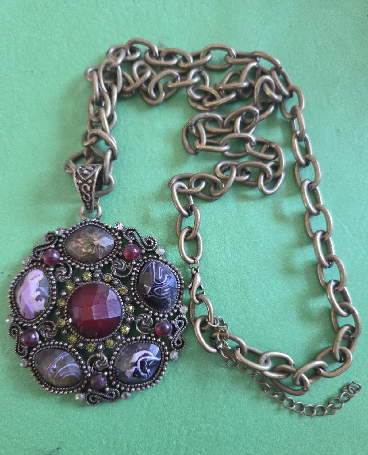 Gold Tone Cable Chain Necklace w/ Round Multicolor Pendant, Metal