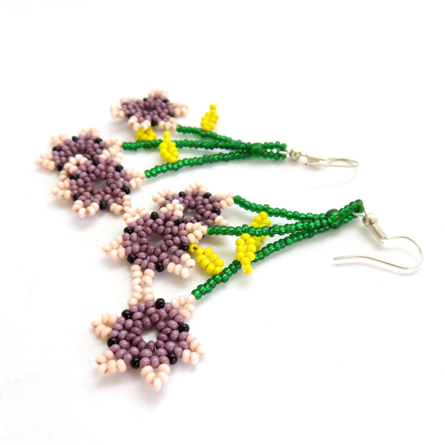 Beaded Dangle Earrings Pink Purple Flowers Huichol Handmade Mexican Folk Art