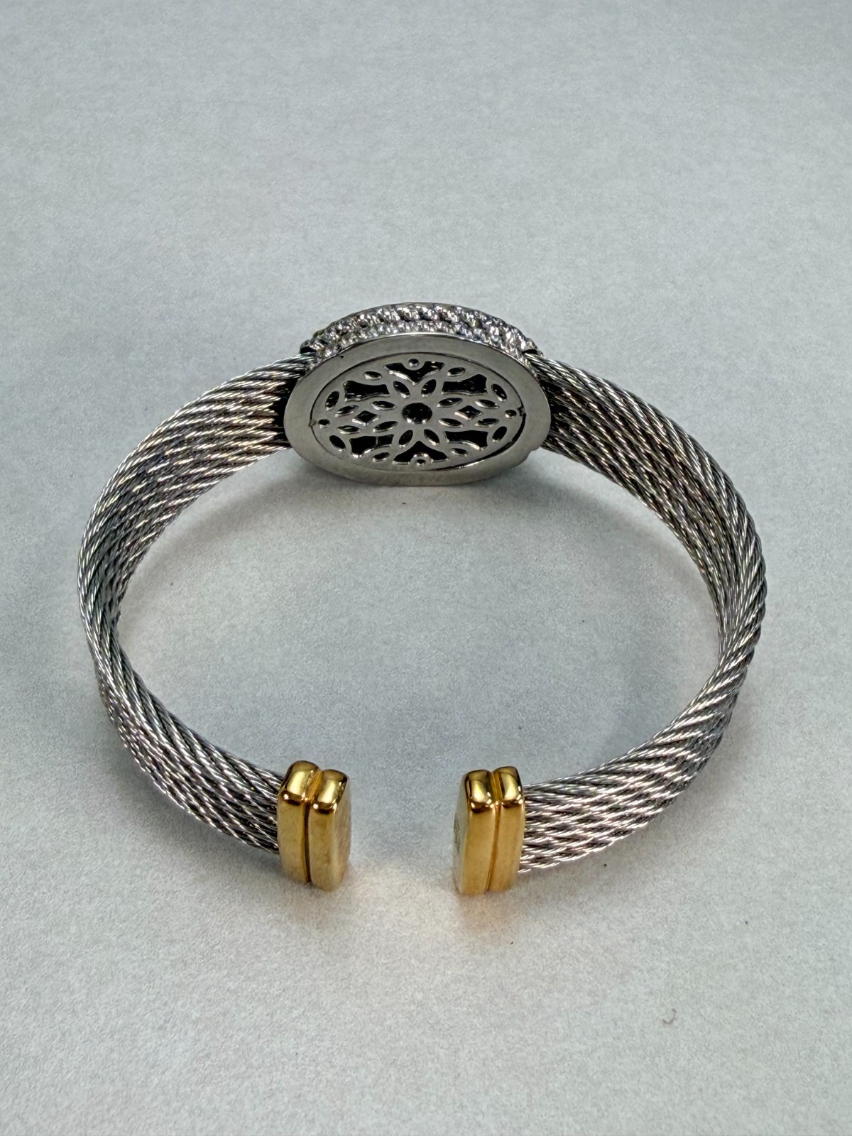 Two Tone Cable Cuff Bracelet Rhinestone Pave Center Statement Pretty Jewelry