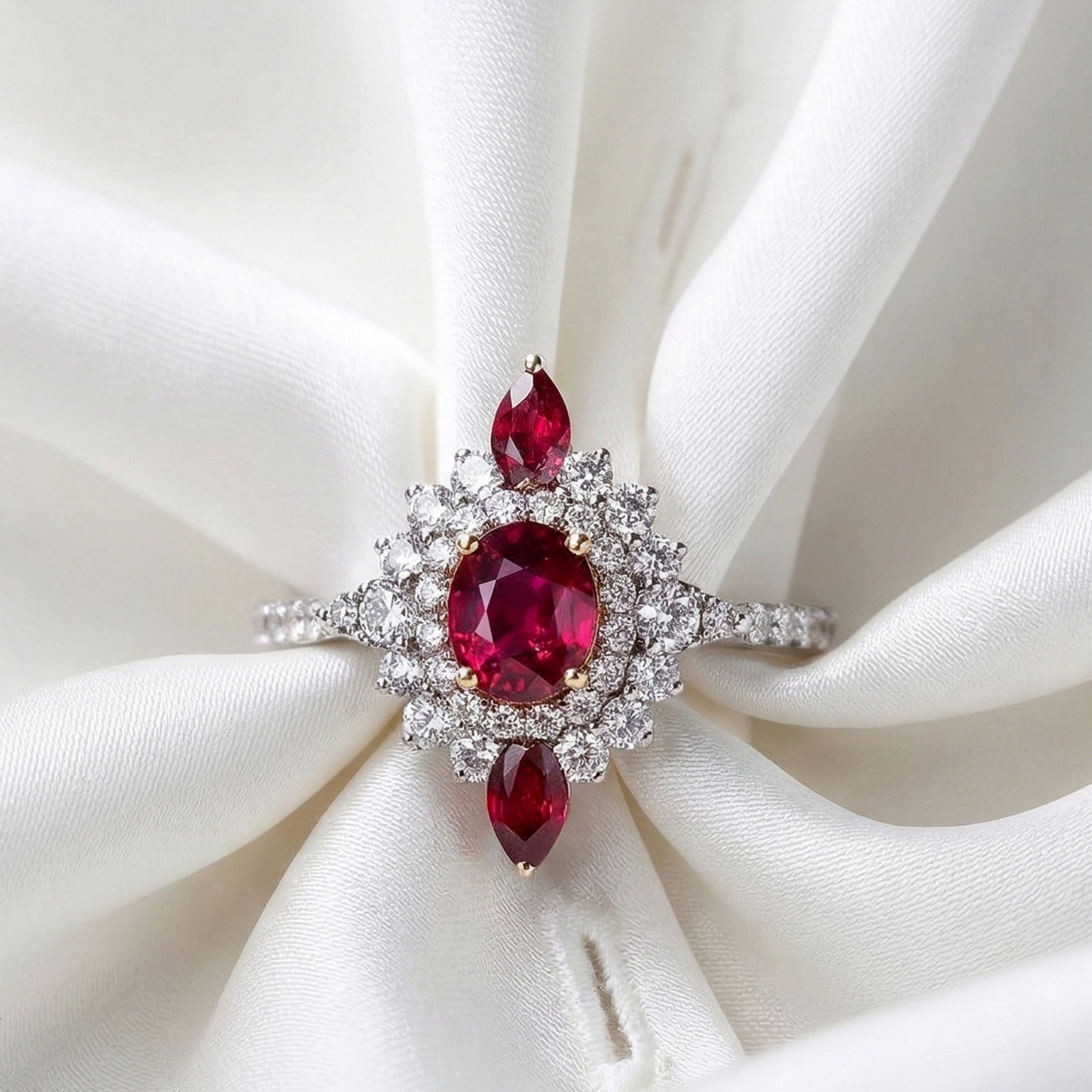 Natural Oval Ruby and CZ Halo Ring, Sterling Silver Statement Band