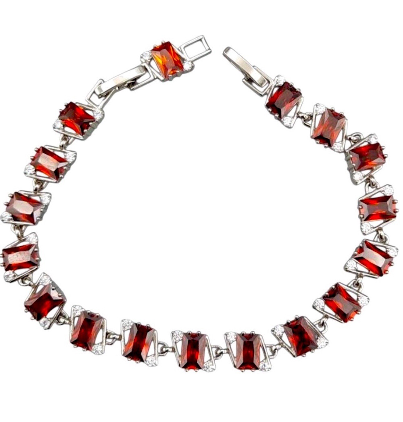 Garnet Red Emerald Cut Bracelet Platinum Plated Rhodium Finish Waterproof