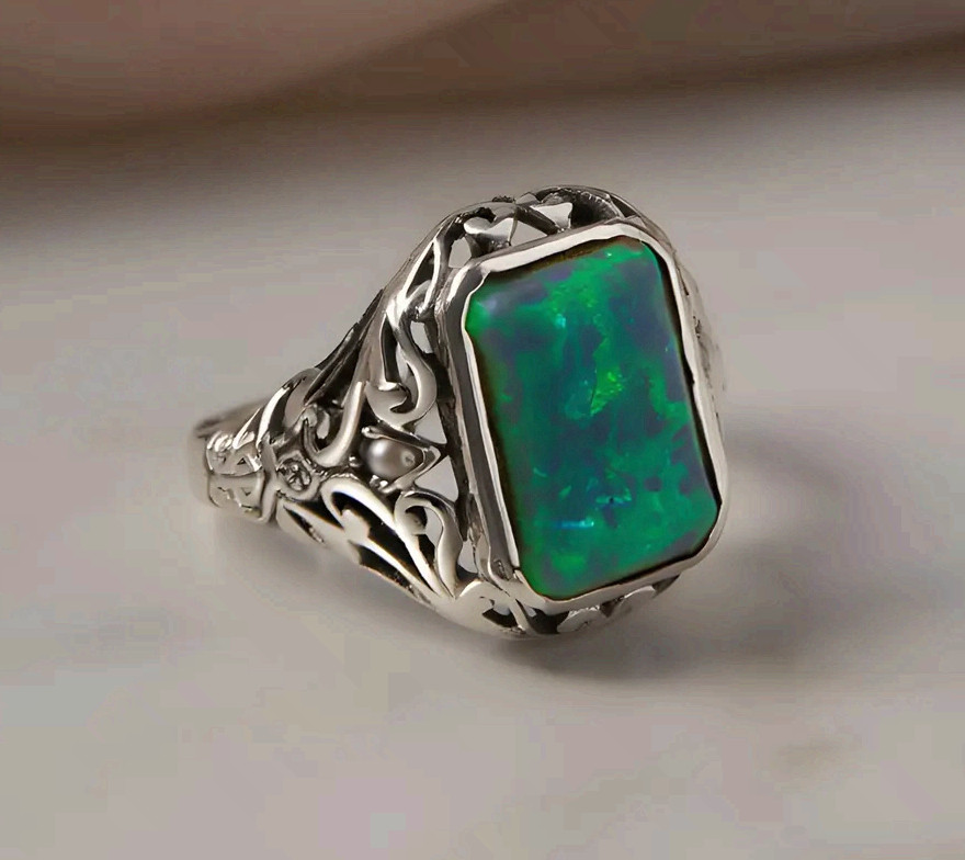 Stainless Steel Green Opal Statement Ring Filigree Band Handmad