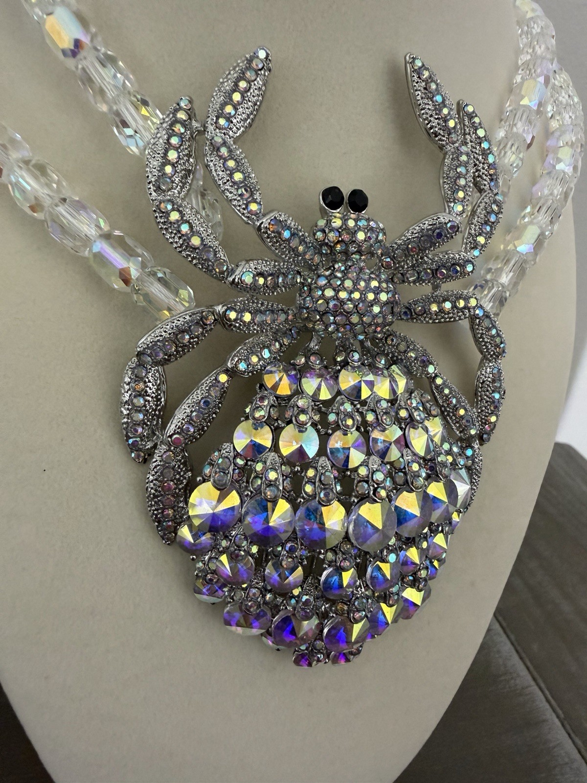 Eye Candy Iridescent Crystal Spider Statement Necklace Double Strand Beaded