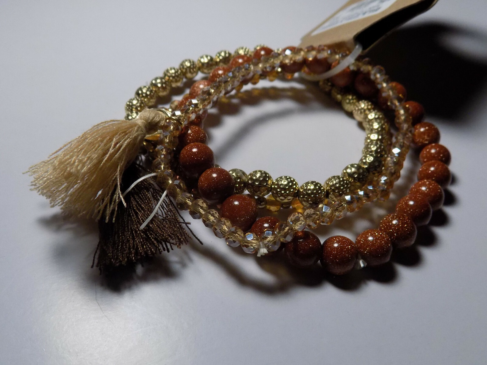 NEW Brown, tan & Gold Tone Set Of 4 Stretch Bracelets 2 with tassels NWT (154)