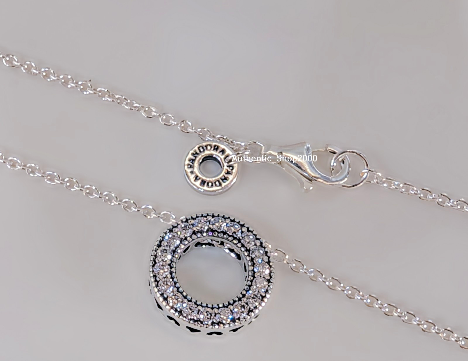 NEW 100% Authentic PANDORA 925 Silver Logo Pave Circle Collier Necklace 397436CZ