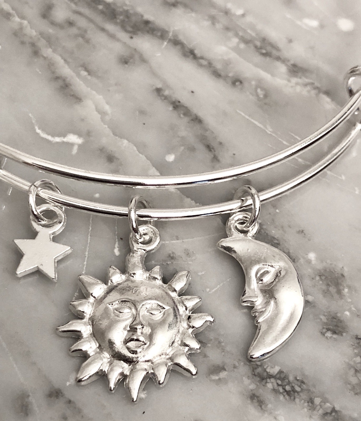 Sun Moon and Star Celestial bright Silver charm Expandable Bangle Bracelet