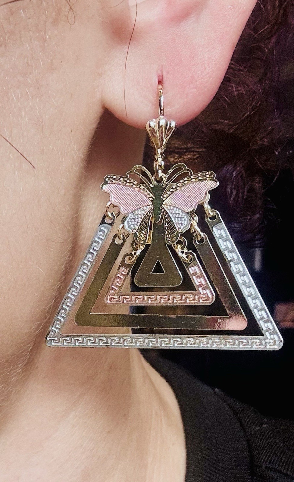 Highest Quality Rose White Yellow Triangle Shapes Butterfly Gold Filled Earrings