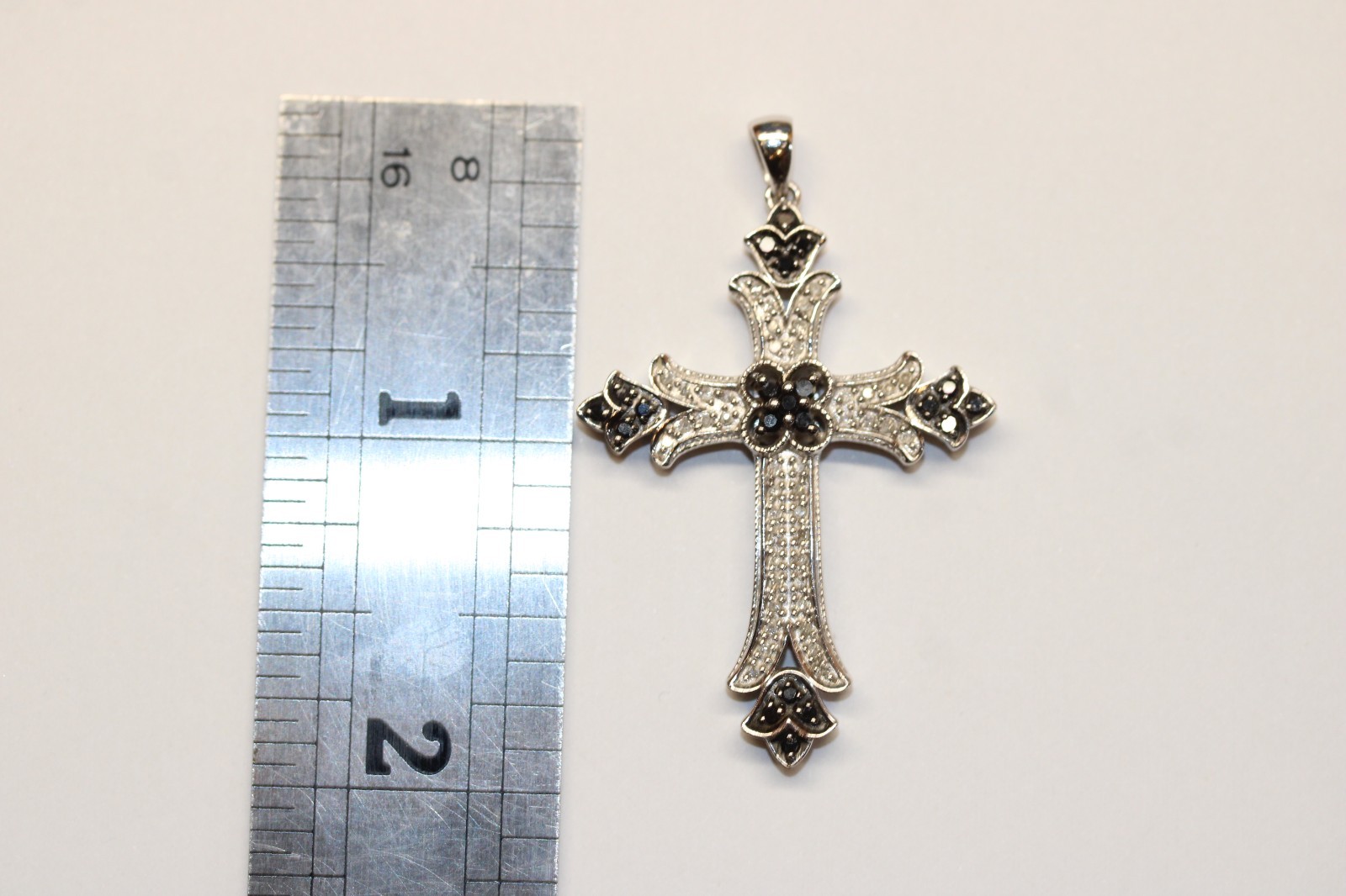 Sterling Silver JS Black and White Diamond Tested Cross Pendant Necklace #216