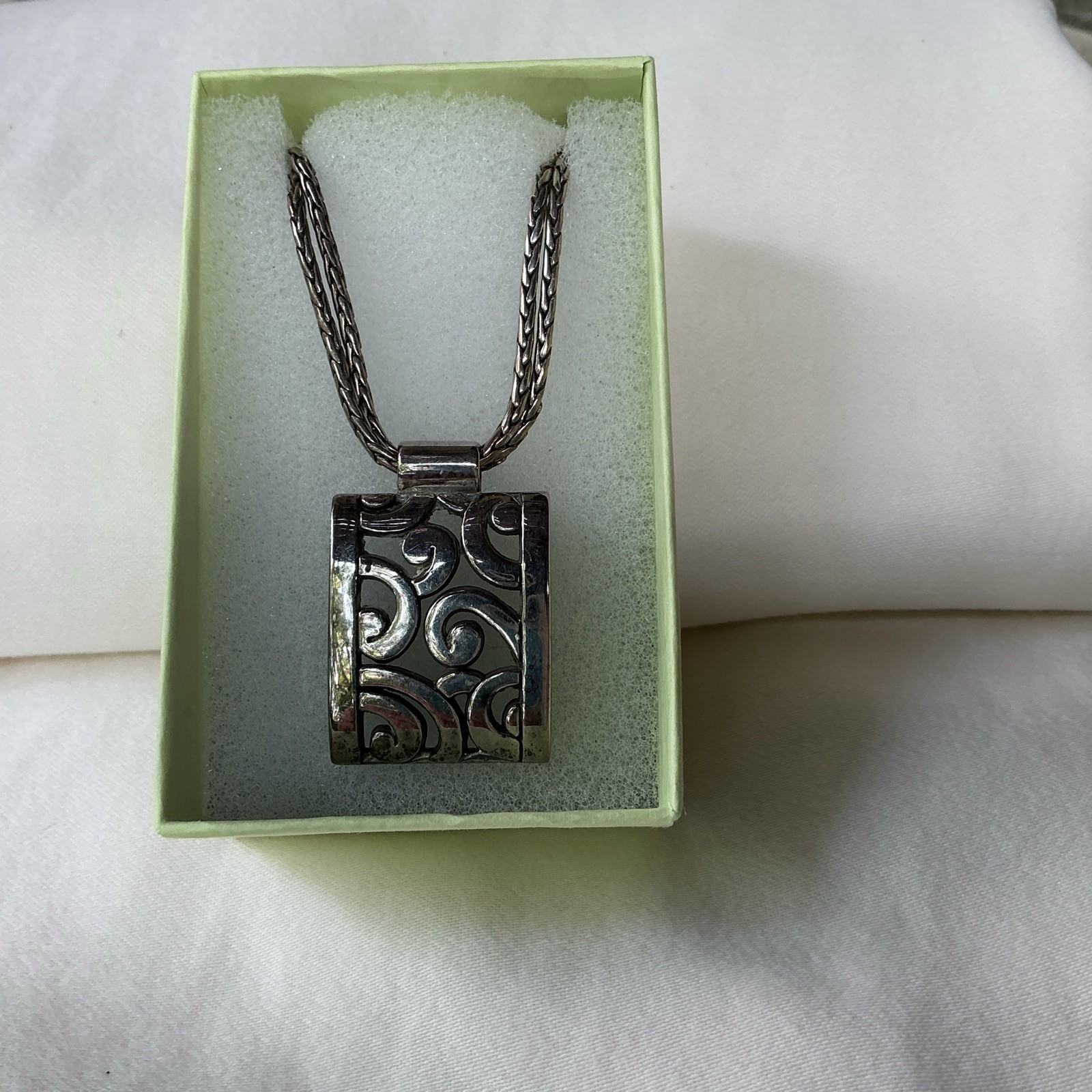 BRIGHTON Deco Lace Pendant Double Chain Silver Plated Scroll Necklace 16” NWOT