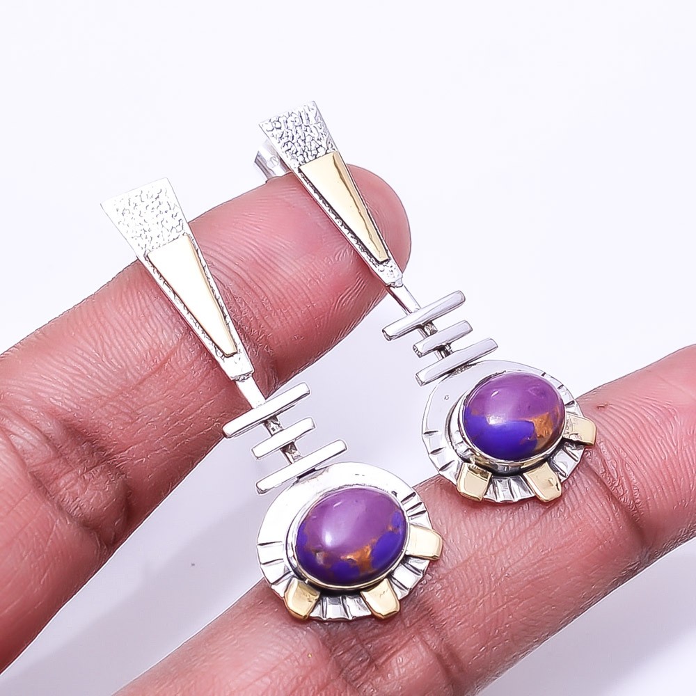 Copper Purple Turquoise Gemstone Gemstone 925 Silver Two Tone Earring 1.95″ E50