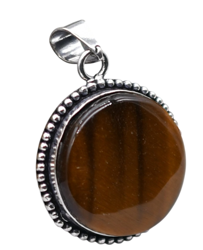 Tiger Eye Natural Gemstone Antique Silver Plated Pendant 2.25″ J 1092