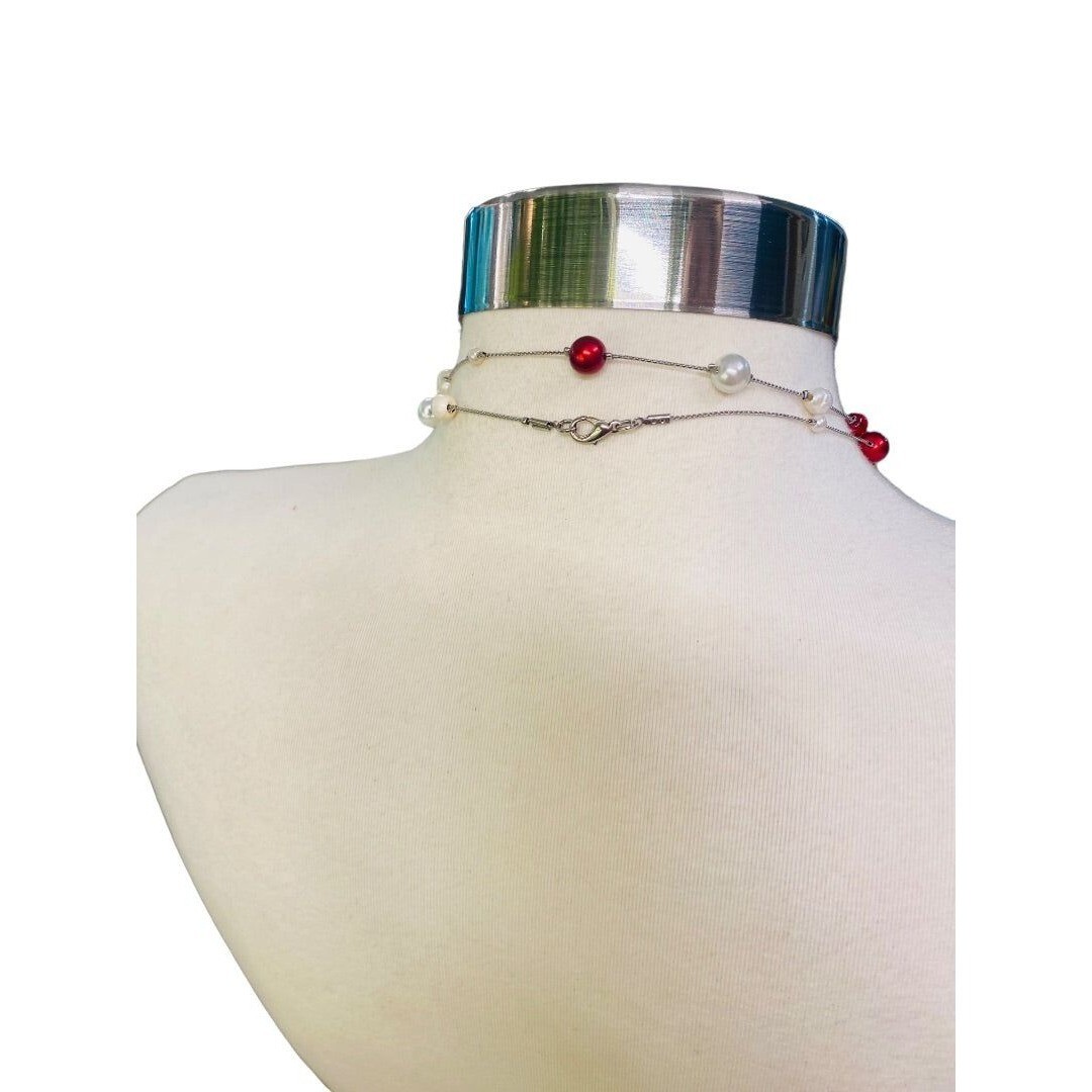 Silvertone Red Chain Necklace Strand String 67″ Lobster Clasp Faux Assorted Pear