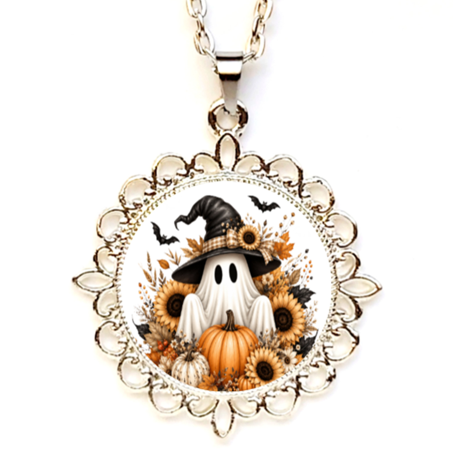 Halloween Ghost Filigree Bezel Pendant/Necklace Silver Gold Rose Gold Tone USA